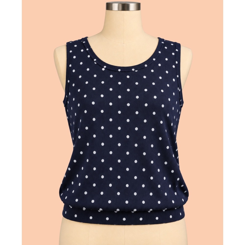 Talbots 2X Petite Navy Blue Polka Dot Knit Sleeveless Banded Hem Sweater Shell - Picture 1 of 5